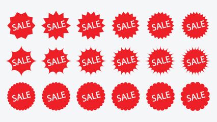 Set of sale stickers, price tags, discount labels, starburst icons, red sunburst promo badges, glossy offer tags, vintage promotional label collection.