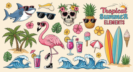 Vector Colorful Tropical Summer SVG Illustration with Flamingo Surfboards and Summer Elements in Flat Design Style