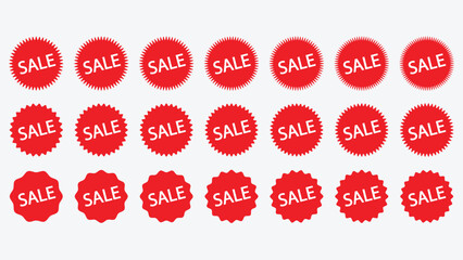 Set of red starburst sale tags, sale stickers, red price label, discount sticker pack, discount label bundle, promo badge collection. Price sticker icons, vintage sunburst circle labels