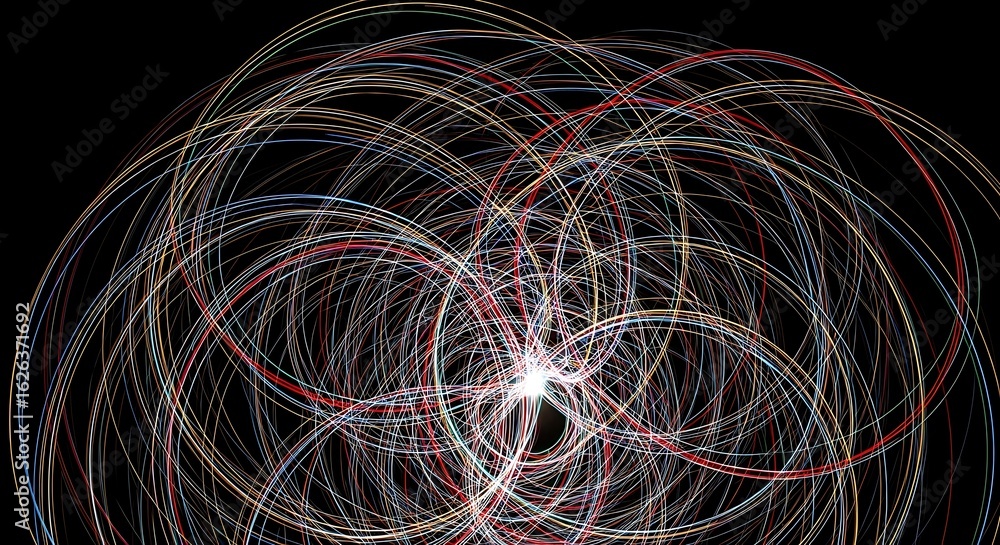 Poster abstract swirling luminous lines creating a complex geometric pattern against a dark background, sug