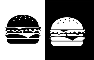 Simple monochrome hamburger logo design. A flat vector icon of a cheeseburger, perfect for a fast food restaurant symbol.