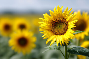 Fototapeta premium Sunflower field, rule of thirds composition, golden tone, rural landscape, wide aperture lens, backlight, breeze, bright and vivid, tranquil and comfortable.