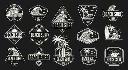 Vector SVG Icon Set with Beach Surf and Sunburst Elements in Modern Minimalist Flat Style with Black and White Color Scheme for Web and Brand Design