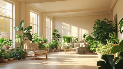 A sun-drenched living room filled with lush greenery and natural light.