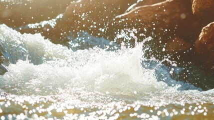 Sparkling Water Splash in Bright Sunlight Near Rocky Riverbank