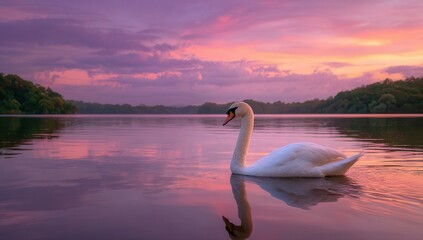 Fototapeta premium A serene and beautiful scene of an elegant swan gracefully gliding on the calm waters, with a backdrop of a pastel purple sky at sunset. The tranquil lake reflects the soft hues of.