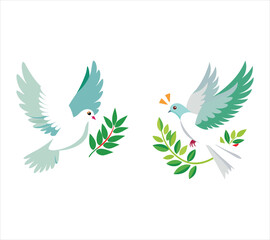 Two stylized doves in flight carrying olive branches representing peace and hope for a better future