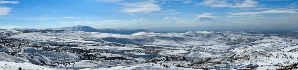 Yerevan, Armenia: February 7, 2024 – Panarama Mount Ararat and snowy Armenian landscape under...