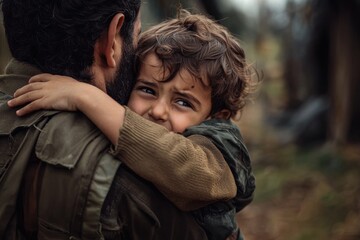 A refugee child embracing a volunteer worker in a conflict zone emotional scene captured human connection outdoor setting close-up view