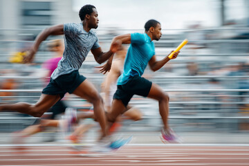 long-distance runners passing baton in a relay race, high energy moment, teamwork concept, 