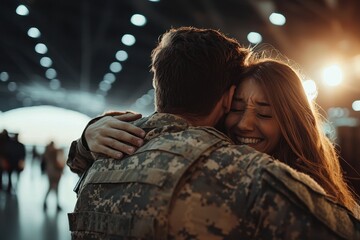 Emotional soldier family reunion at airport terminal heartwarming moment captured joyful embrace indoor setting close-up view family bond