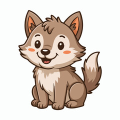 Obraz premium Illustration of a cartoon wolf cub sitting with a happy expression and fluffy tail isolated on white background