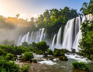 Majestic waterfall cascades through lush greenery in a serene natural environment