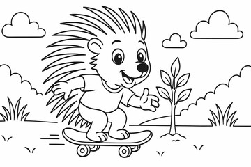 Obraz premium Coloring page of a happy porcupine skateboarding outdoors. A fun and sporty scene perfect for kids to color