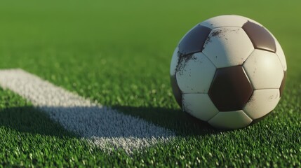 Close-Up of a Scuffed Soccer Ball on a Bright Green Field