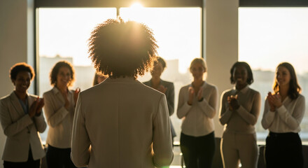 A businesswoman stands confidently addressing a group of applauding colleagues during a meeting in a sunlit office