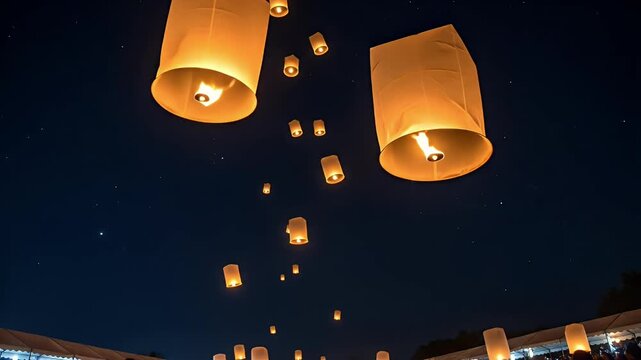 A beautiful view of many glowing sky lanterns being released into the dark night sky