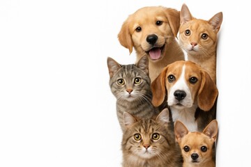 Group of cute cats and dogs peeking from behind a blank sign. Adorable pets including a puppy and kitten together.