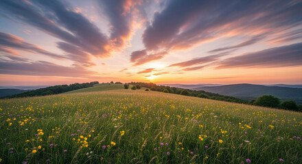 Sunset Landscape Photography: Vibrant Sky, Rolling Hills, Wildflower Meadow