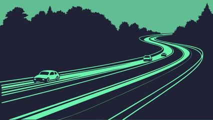 Road trip vector illustration of cars driving on winding highway through forest landscape design graphic