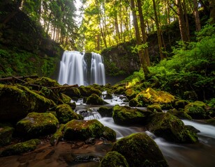Majestic waterfall cascading amidst a lush forest landscape with moss-covered rocks