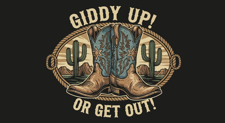 Illustration Vector SVG Design with Cowboy Boots Cacti and Western Theme in Modern Flat Style with Earth Tones
