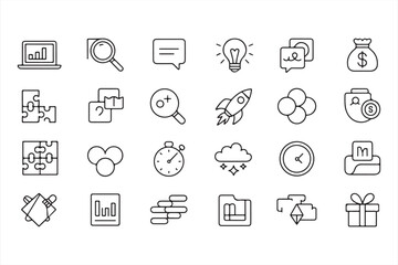 Set of Outline Business Icons Including Data, Growth, and Financial Strategy
