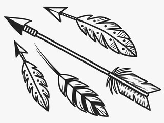 Vintage-style illustration of three stylized arrows in flight. A graphic design featuring three stylized, feathered arrows, in a vintage or retro line art style, against a plain white background. 
