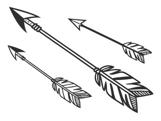 Vintage-style illustration of three stylized arrows in flight. A graphic design featuring three stylized, feathered arrows, in a vintage or retro line art style, against a plain white background. 