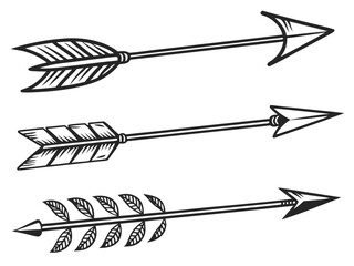 Vintage-style illustration of three stylized arrows in flight. A graphic design featuring three stylized, feathered arrows, in a vintage or retro line art style, against a plain white background. 