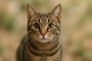 A stunning close-up portrait of a beautiful brown tabby cat with large, expressive amber eyes looking attentively at the camera.
