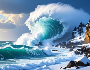 Majestic wave crashing against a snow covered coastline with blue sky backdrop highlighting winter