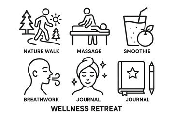 Fototapeta premium Wellness retreat icons: nature walk, massage, smoothie, breathwork, journal
