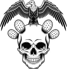 Obraz premium Vulture perched on skull with cacti bird human skull