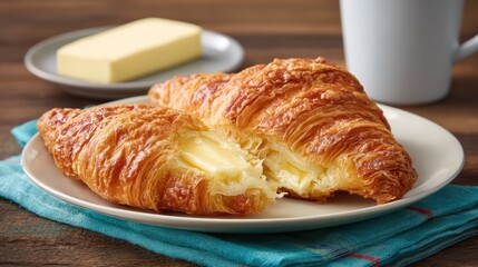 Buttery croissants on a plate, with butter and coffee