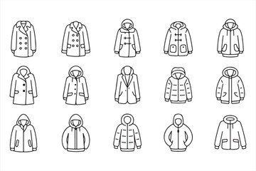 Various Winter Jackets, Coats, and Hoodies in Line Art for Fashion Projects
