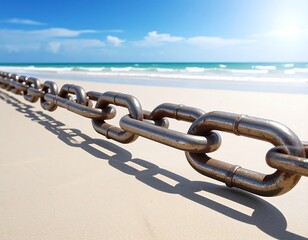 Metallic chain lying on a sandy beach against a seascape with ocean waves and blue sky for