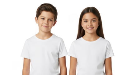 Two smiling children wearing white t shirts isolated on transparent background