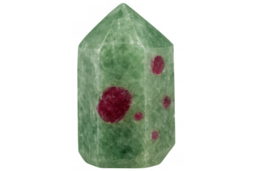 Ruby zoisite crystal displaying vivid red corundum inclusions, highlighting natural mineral formation against transparent backdrop