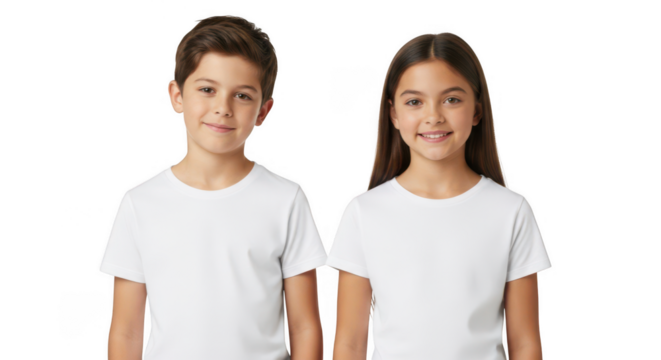 Two smiling children wearing white t shirts isolated on transparent background