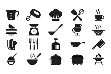 Food Preparation Icons Including Utensils, Cookware, and Kitchen Essentials