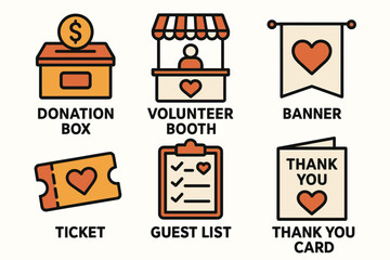 Charity event icons: donation box, volunteer booth, banner, ticket, guest list, thank you card