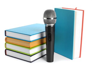Microphone and books for podcasts audio learning or educational programs concept