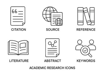 Academic research icons: citation, source, reference, literature, abstract, keywords