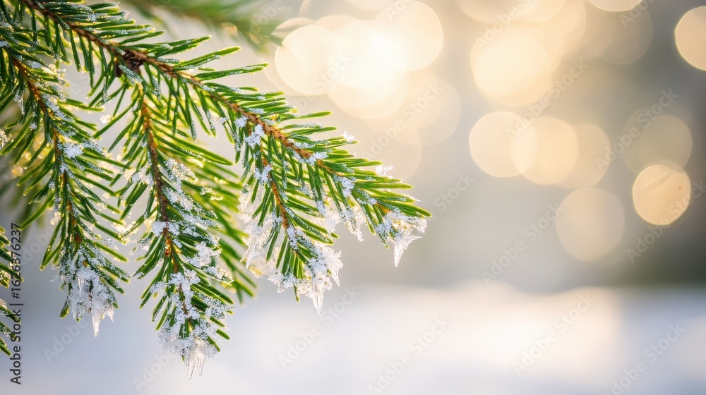 Poster frosty evergreen branch with snow and soft bokeh background