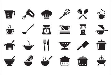 Kitchen Equipment Icons Featuring Cups, Plates, Bowls, and Chef Tools