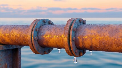 Weathered Pipe with Rust and Water Drops Against Ocean Horizon