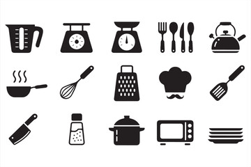 Kitchenware and Cooking Appliance Icons Including Pots, Whisks, and Microwave