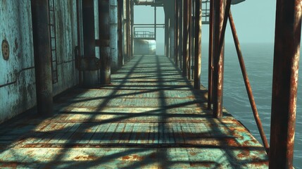 Rusty Industrial Walkway Over Ocean Water with Shadows and Texture