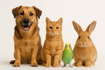 Fototapeta premium A diverse group of household pets including a dog, cat, rabbit, and budgie sitting together in a row on a white background.
